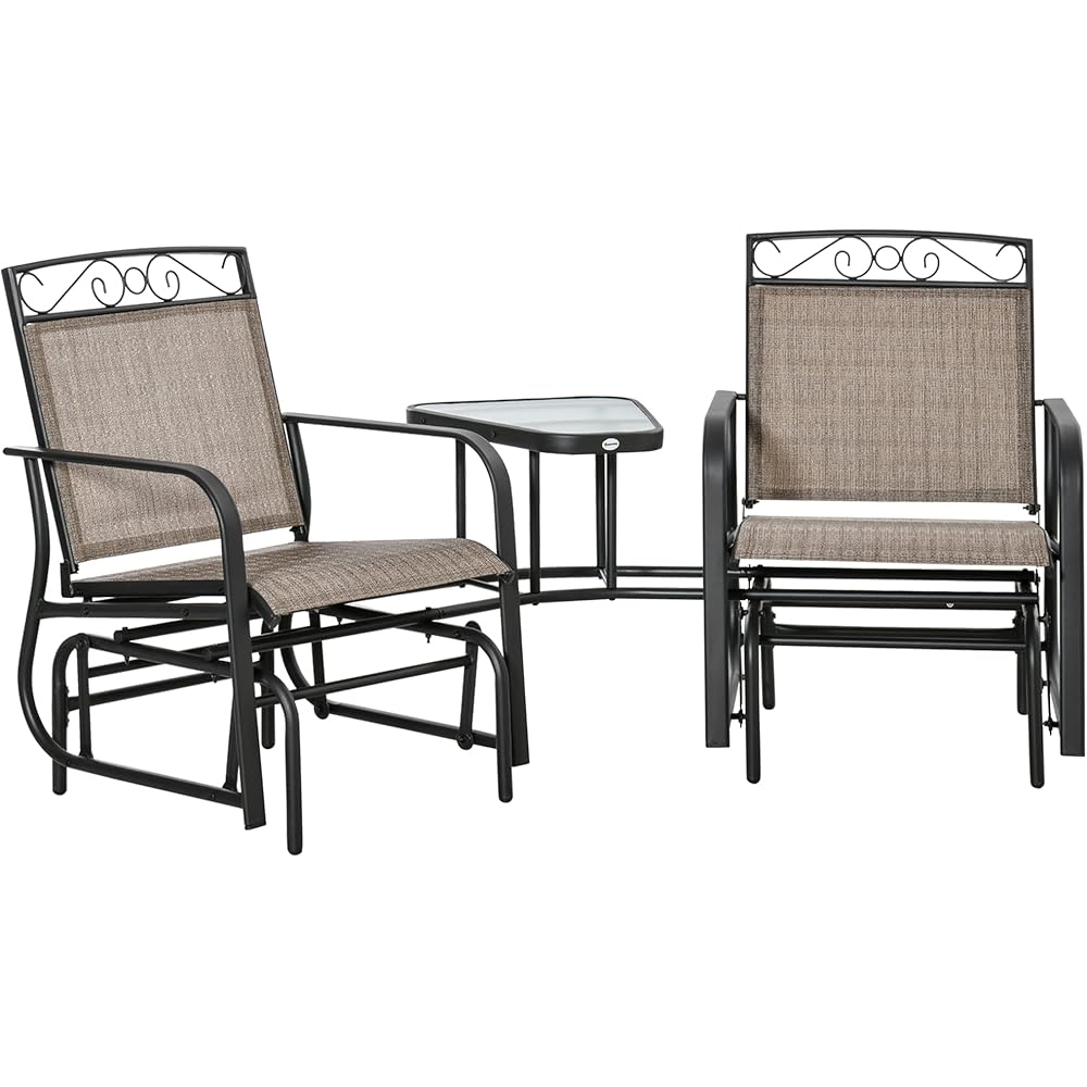 Outsunny Outdoor Glider Chairs with Coffee Table, Patio 2-Seat Rocking Chair Swing with Breathable Sling for Backyard, Garden and Porch, Brown