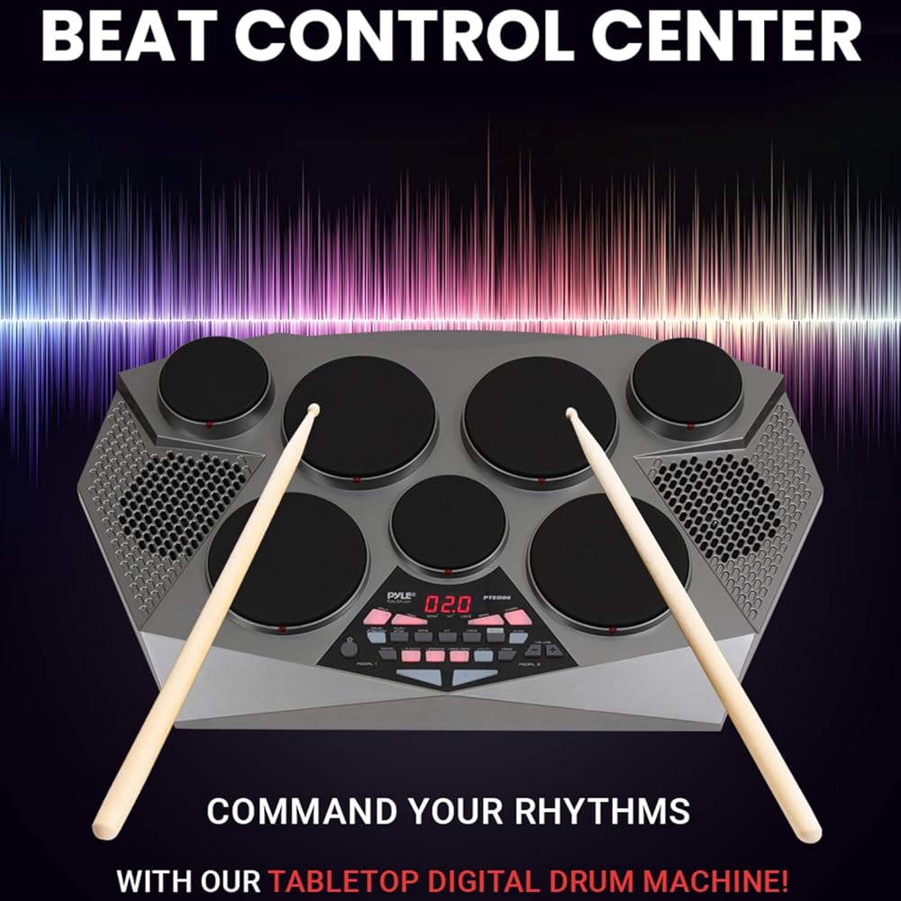 Pyle Pro Electronic Drum kit Portable Electric Tabletop Drum Set Machine with Digital Panel, 7 Drum Pad, Hi-Hat / Kick Bass Pedal Controller USB AUXTom Toms, Hi-Hat, Snare Drums, Cymbals PTED06