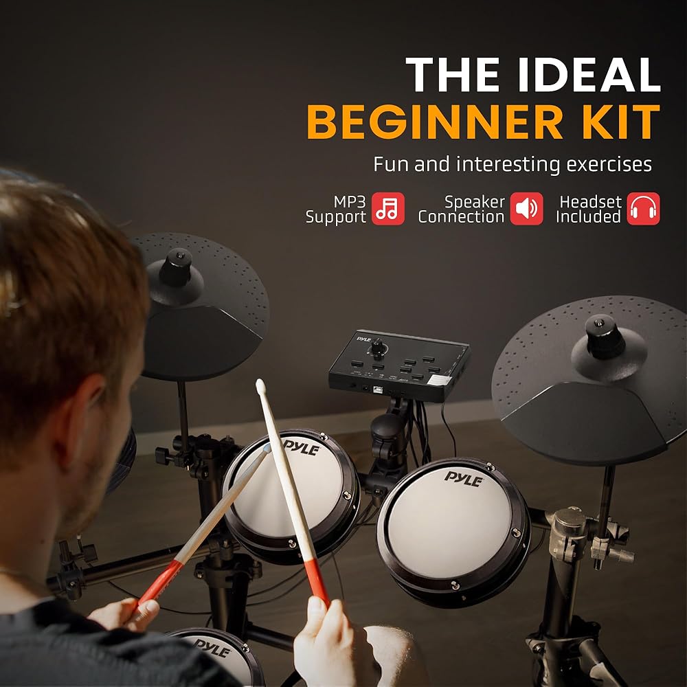 Pyle Electronic Drum Set with 4 Quiet Mesh Pads, 180 Sound Styles, 3 Cymbals, 2 Pedals, Throne, Headphones, Sticks, AUX, USB MIDI, Electric Drum Kit for Beginners Students Professionals