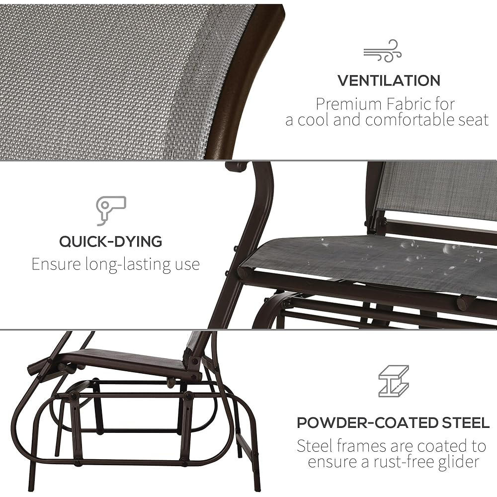 Outsunny 2-Person Outdoor Glider Bench，Patio Glider Loveseat Chair with Powder Coated Steel Frame，2 Seats Porch Rocking Glider for Backyard, Lawn, Garden and Porch, Mixed Gray