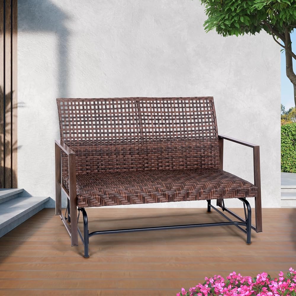 Wicker 2 Person Patio Glider with Double Weaved Wicker Seat, Powder Coated Metal Frame, 50" W x 25.5" D x 35.5" H, 400 Lb Weight Capacity