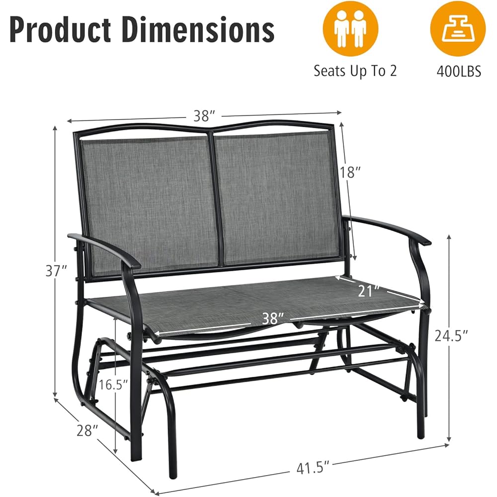AUGESTER Outdoor Swing Glider Chair for 2 Persons, Rocking Seating Patio Bench w/Coated Steel Frame, Patio Loveseat for Backyard, Garden (Grey)