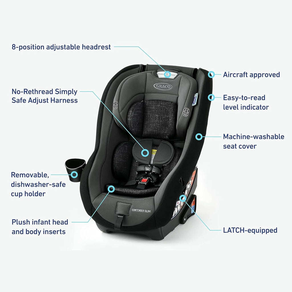 Graco Contender Slim Convertible Car Seat, West Point, Space-Saving Design, Lightweight and Compact