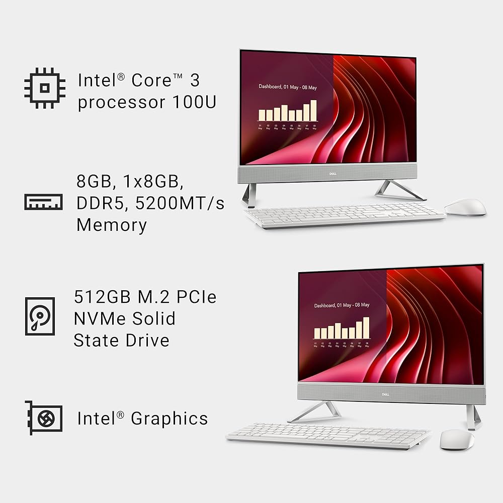 Dell 24 All-in-One Desktop ec24250-23.8-inch FHD Display, Intel Core 3 Processor 100U, Intel Graphics, 8GB DDR5 RAM, 512GB SSD, Windows 11 Home, Onsite Service+6 Months Retail Migrate White