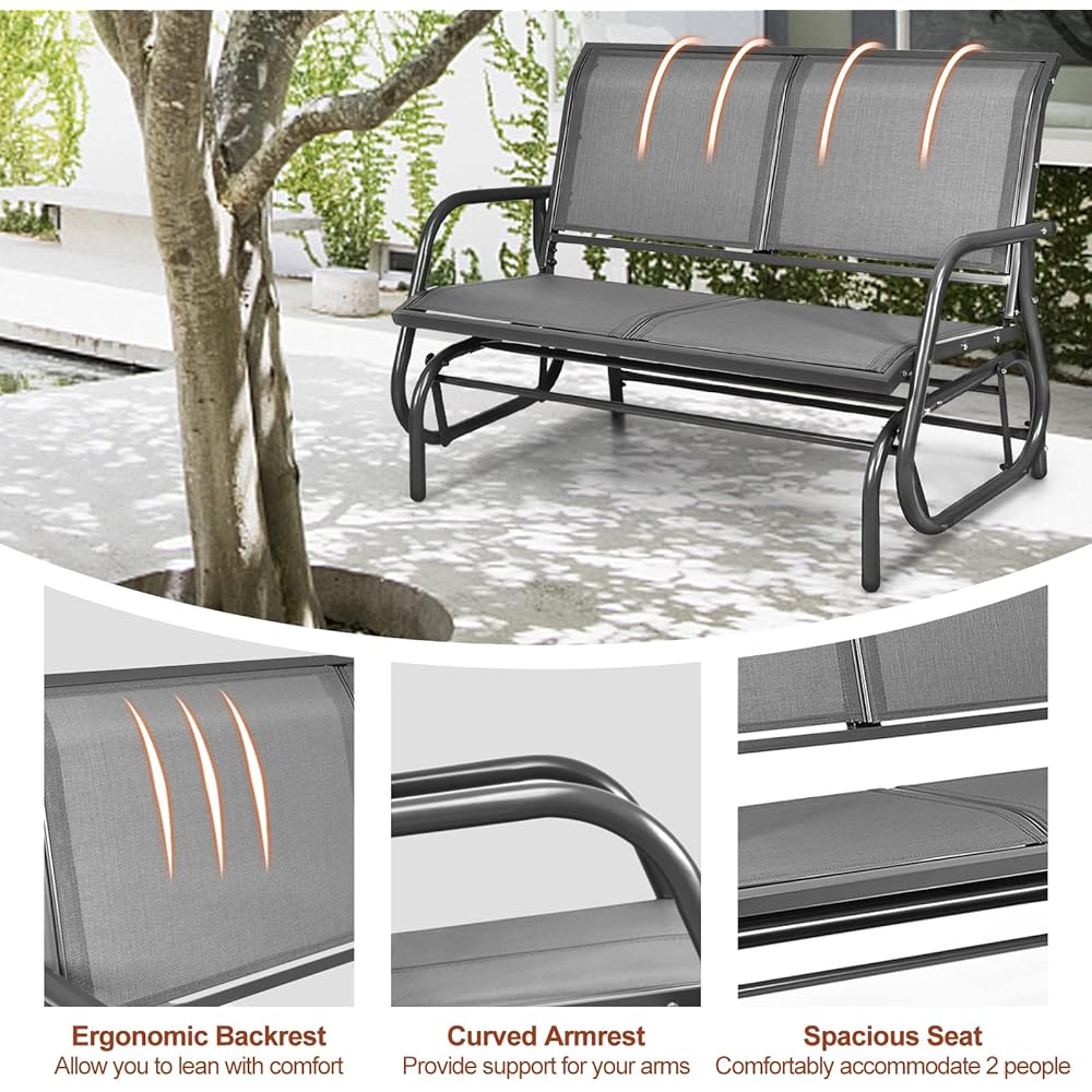 Tangkula 2 Person Patio Glider, Outdoor Swing Bench, Rocker Glider Loveseat Chair with Heavy-Duty Steel Frame, Breathable Seat Fabric, Rocking Lounge Chair for Poolside, Garden, Backyard, Porch (Gray)