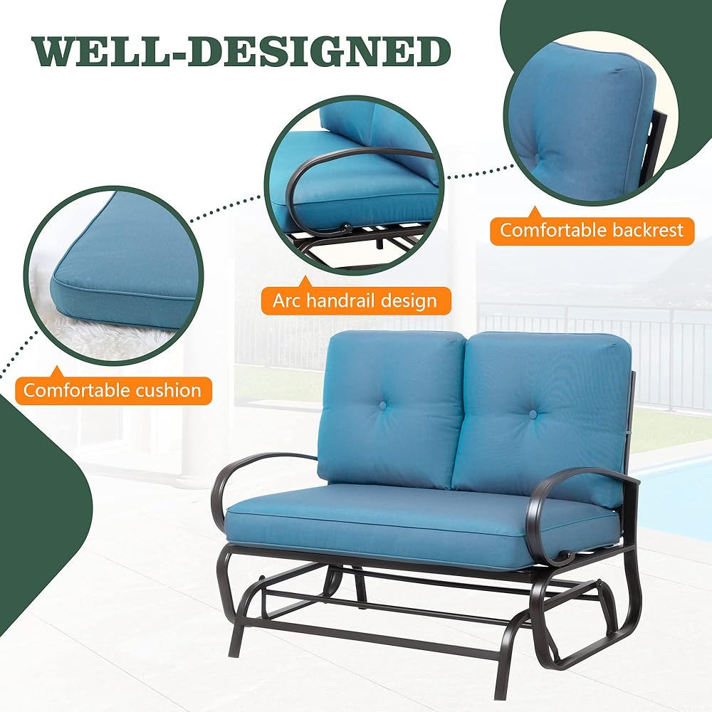 Shintenchi Metal Outdoor Patio Swing Glider Bench, Loveseat Rocking Chair, Wrought Iron Patio Furniture Steel Frame Glider Chair with Cushion for Porch, Balcony, Garden(Blue)