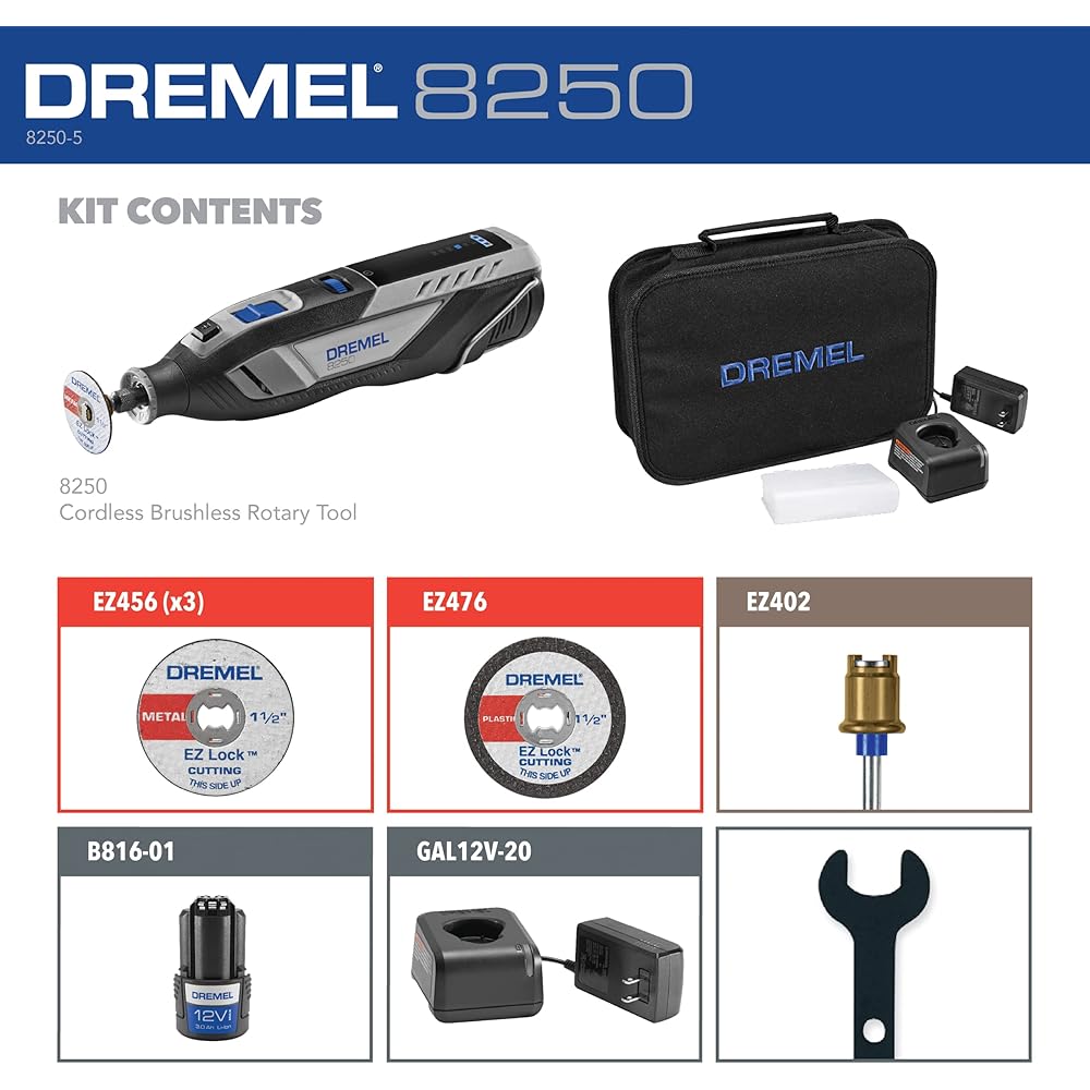 Dremel 8250-5 12V Lithium-Ion Variable Speed Cordless Rotary Tool with Brushless Motor 5 Rotary Tool Accessories, 3Ah Battery, Charger, and Tool Bag