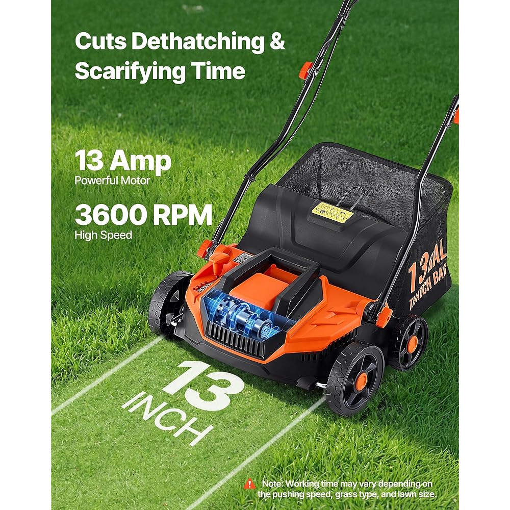 VEVOR 2-in-1 Electric Dethatcher and Scarifier, 13-Inch 13 Amp, Corded Lawn Dethatcher with 13-Gallon Thatch Collection Bag, 5-Position Depth Adjustment, Walk Behind Machine for Garden Yard Grass