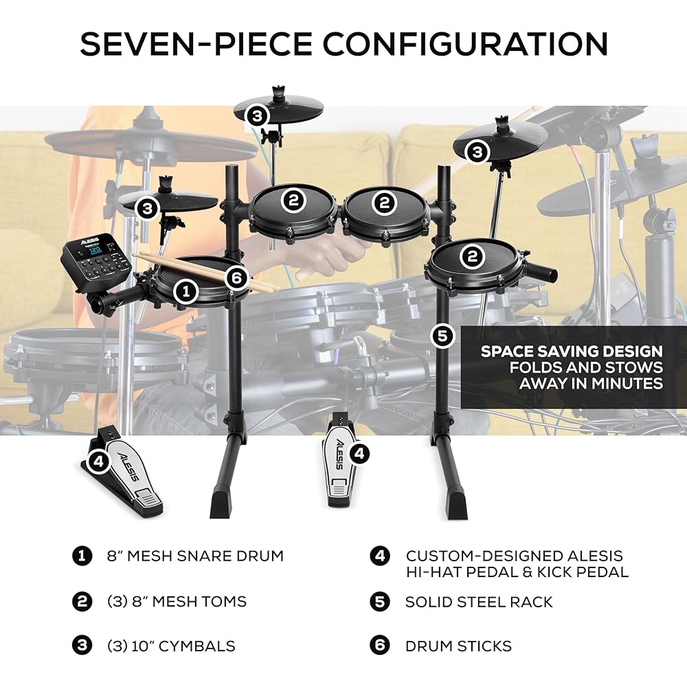Alesis Turbo Mesh Kit – Electric Drum Set With 100+ Sounds, Quiet Mesh Drum Pads, Drum Sticks, Connection Cables, Drum Lessons