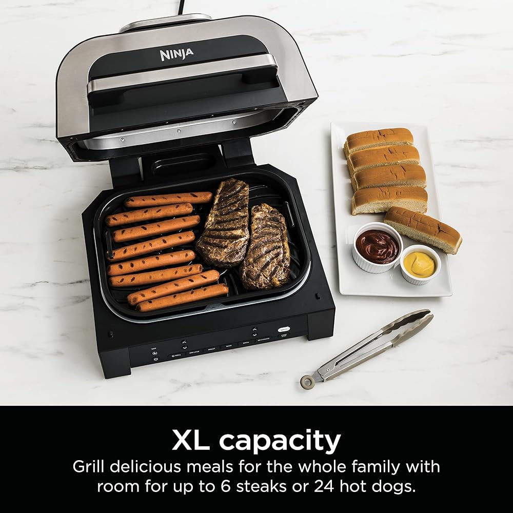 Ninja DG551 Foodi Smart XL 6-in-1 Indoor Grill with Air Fry, Roast, Bake, Broil, &amp; Dehydrate, Foodi Smart Thermometer, 2nd Generation, Black/Silver