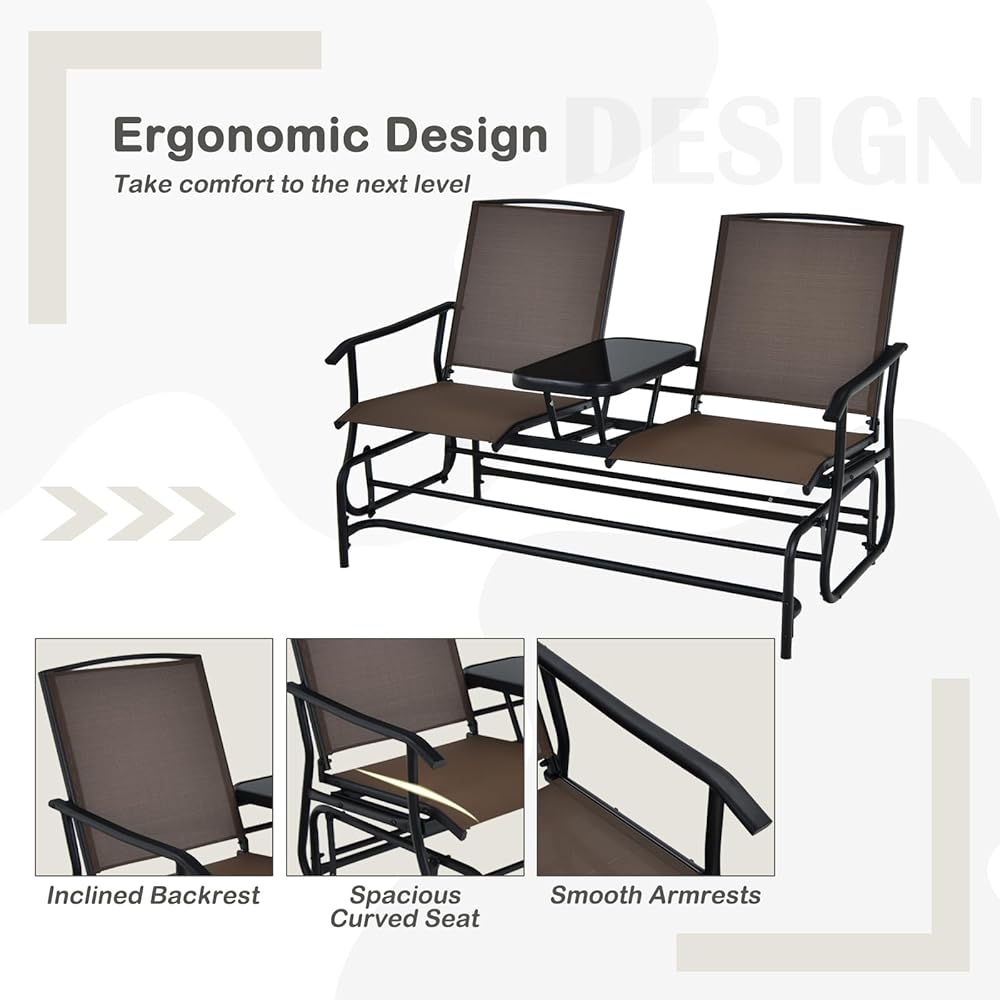 Tangkula 2 Person Swing Glider Chair, Patio Rocking Loveseat w/Center Tempered Glass Table, Outdoor Swing Bench w/Steel Frame &amp; Breathable Mesh Fabric for Porch, Balcony, Poolside (Brown)