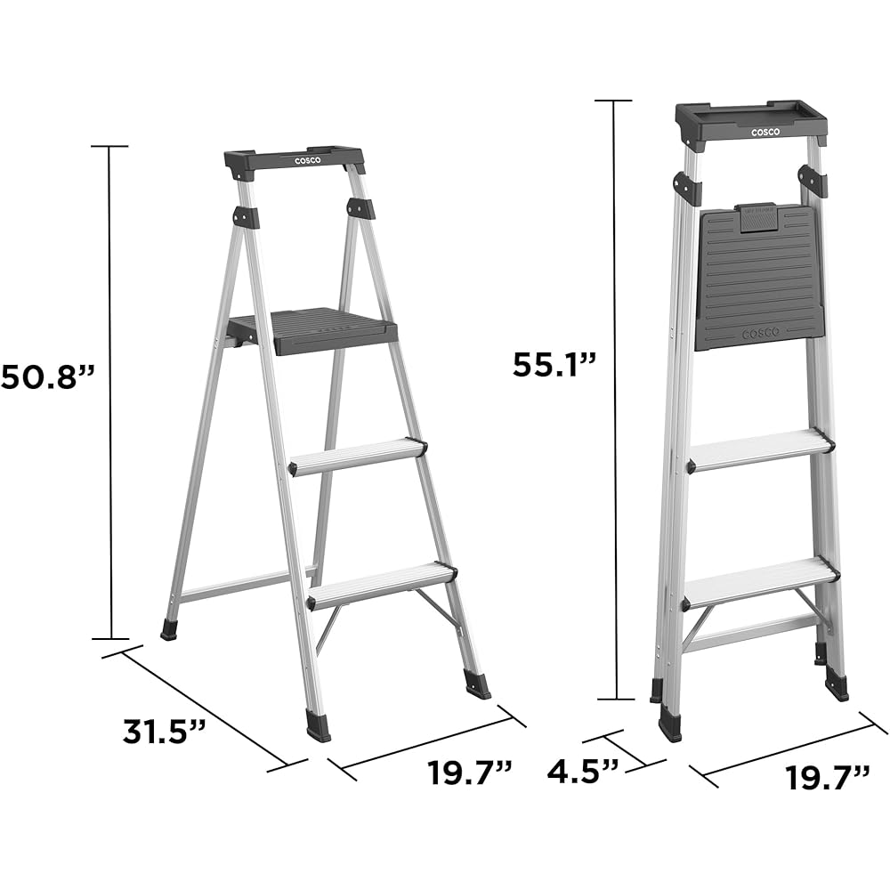 Cosco 3-Step Lightweight Aluminum Folding Step Ladder with Non-Marring Leg Tips, Slip-Resistant Platform, ANSI Rated 225 lbs, Home Furniture and Furnishings