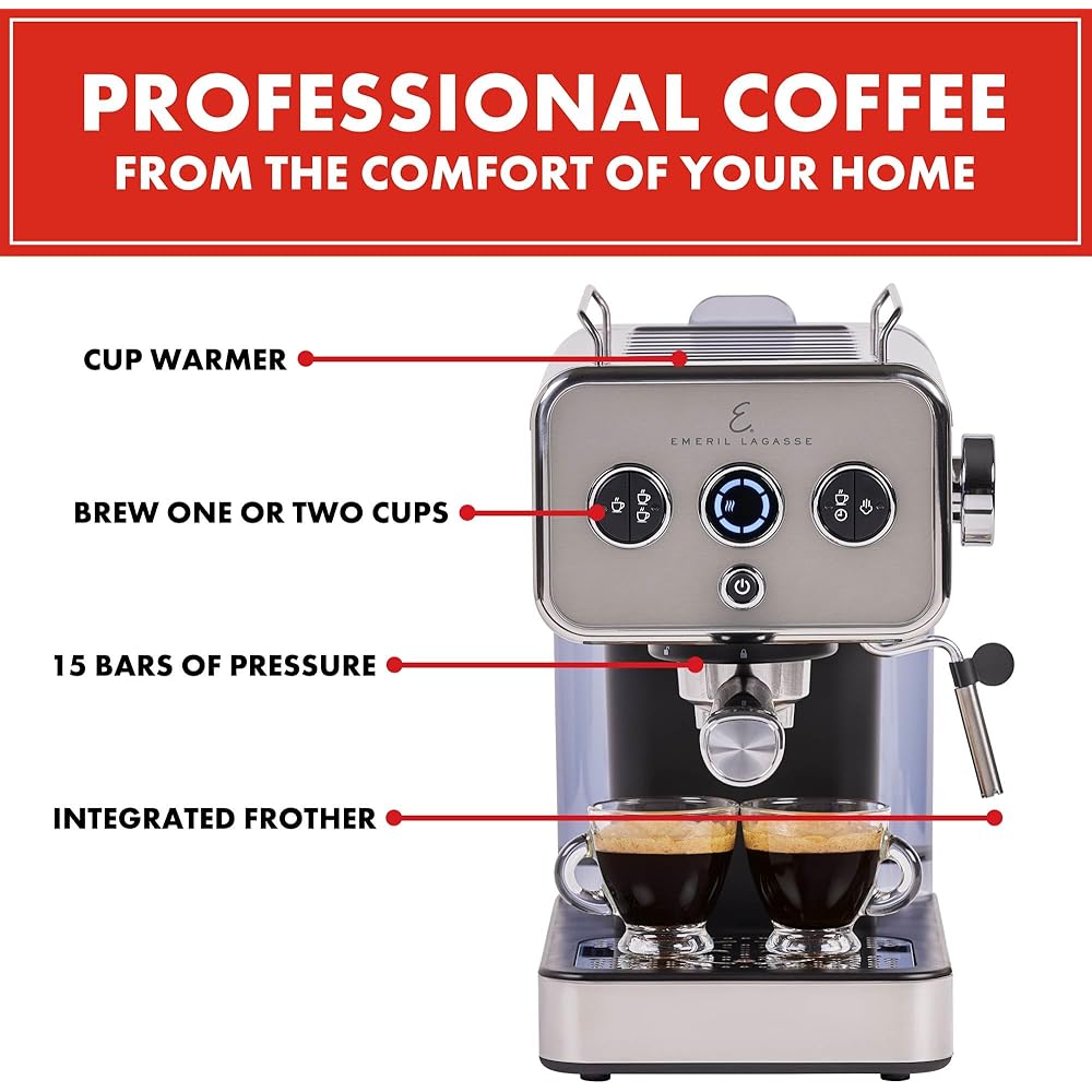 Emeril Lagasse Semi-Automatic 15-Bar Pro Espresso Machine with Milk Frother Steam Wand, Stainless Steel Finish, Double Shot, 37oz Removable Water Tank, Auto Shut-Off, 1350W