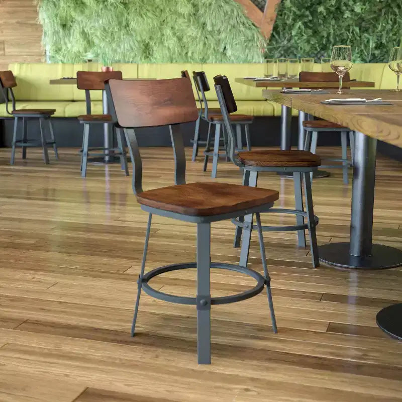 Flash Furniture Flint Series Rustic Walnut Restaurant Chair with Wood Seat & Back and Gray Powder Coat Frame
