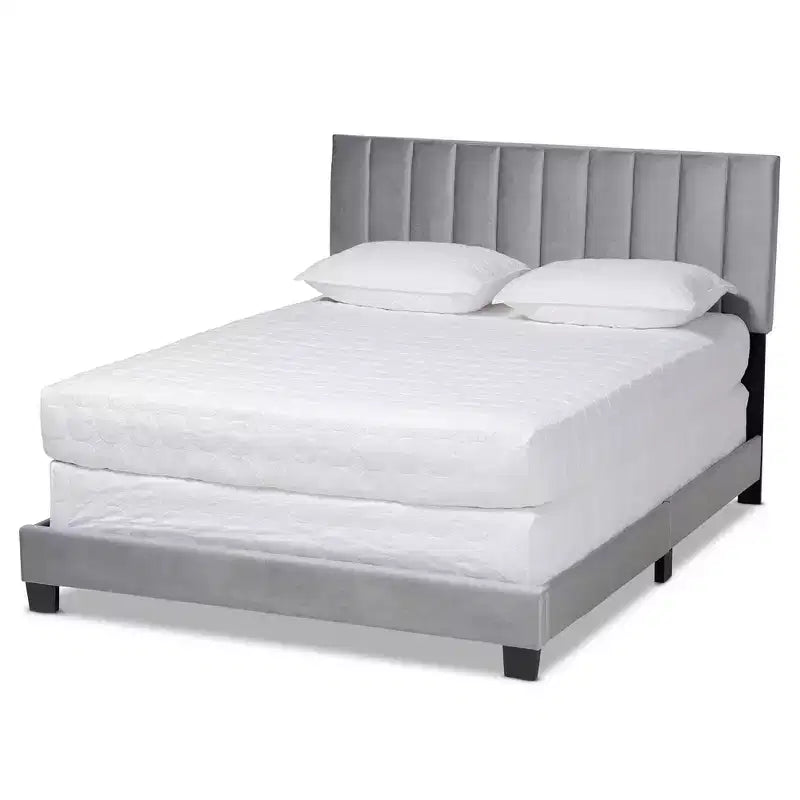 Clare Velvet Panel Bed with Tufted Headboard - Baxton Studio
