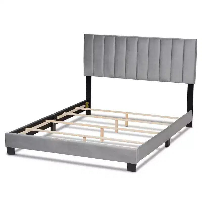 Clare Velvet Panel Bed with Tufted Headboard - Baxton Studio