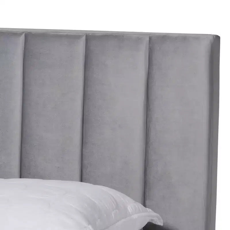 Clare Velvet Panel Bed with Tufted Headboard - Baxton Studio