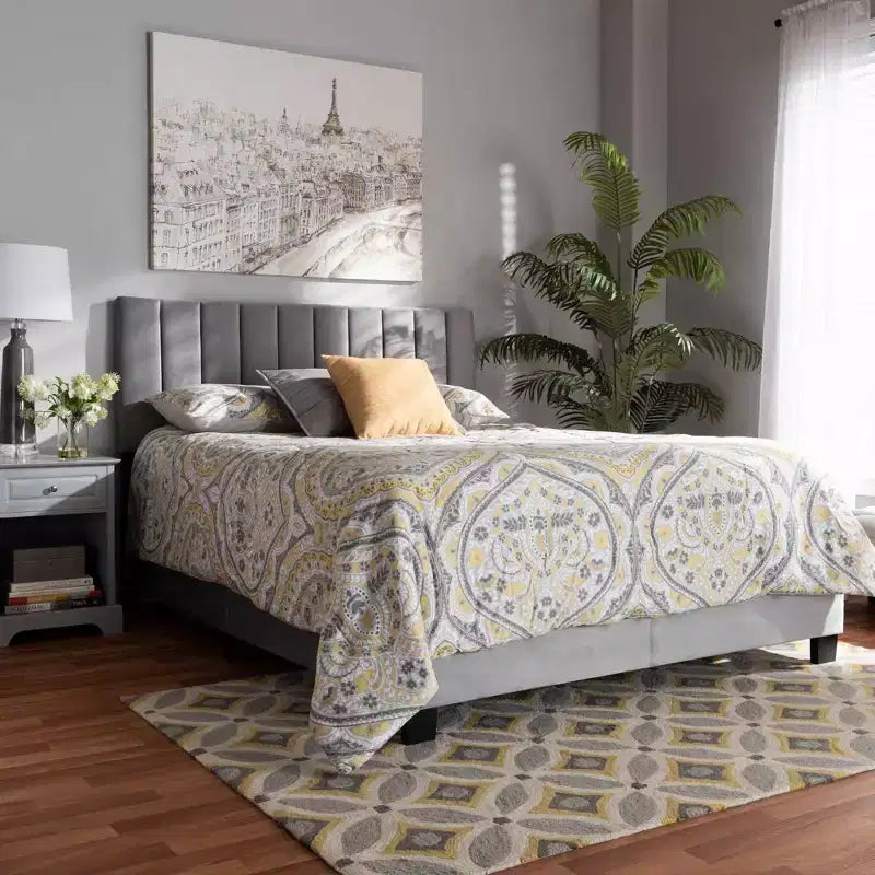 Clare Velvet Panel Bed with Tufted Headboard - Baxton Studio