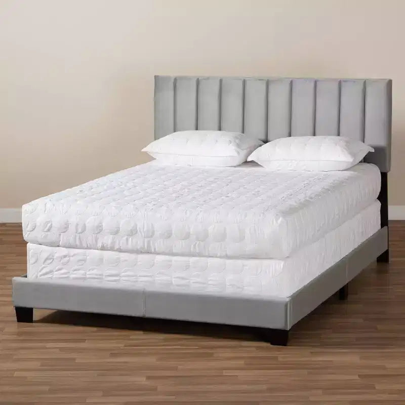 Clare Velvet Panel Bed with Tufted Headboard - Baxton Studio