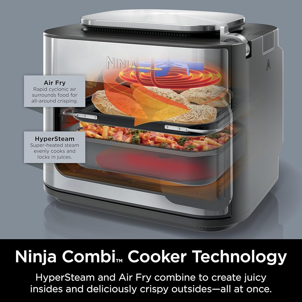 Ninja Combi All-in-One Multicooker, Oven, &amp; Air Fryer, Complete Meals in 15 Mins, 14-in-1 Functions, Combi Cooker + Air Fry, Bake, Roast, Slow Cook and More, 3 Accessories, Stainless Steel, SFP701