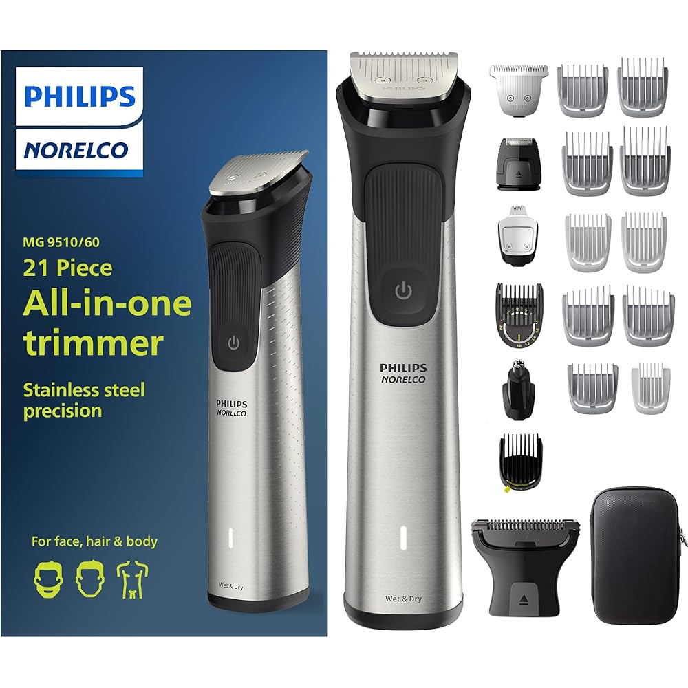 Philips Norelco Multigroom Series 9000-21 Piece Men's Grooming Kit for Beard, Body, face, Nose, Ear Hair Trimmer w/Premium Storage case, MG9510/60