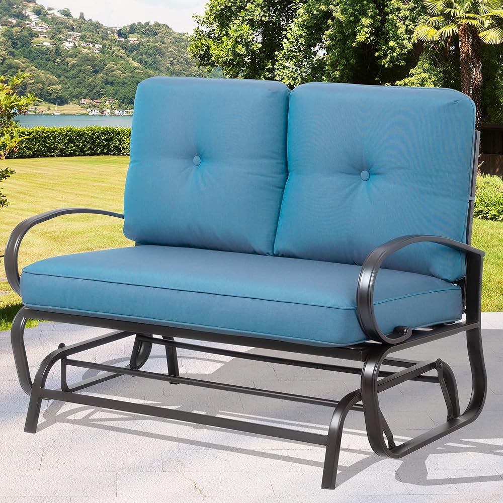 Shintenchi Metal Outdoor Patio Swing Glider Bench, Loveseat Rocking Chair, Wrought Iron Patio Furniture Steel Frame Glider Chair with Cushion for Porch, Balcony, Garden(Blue)