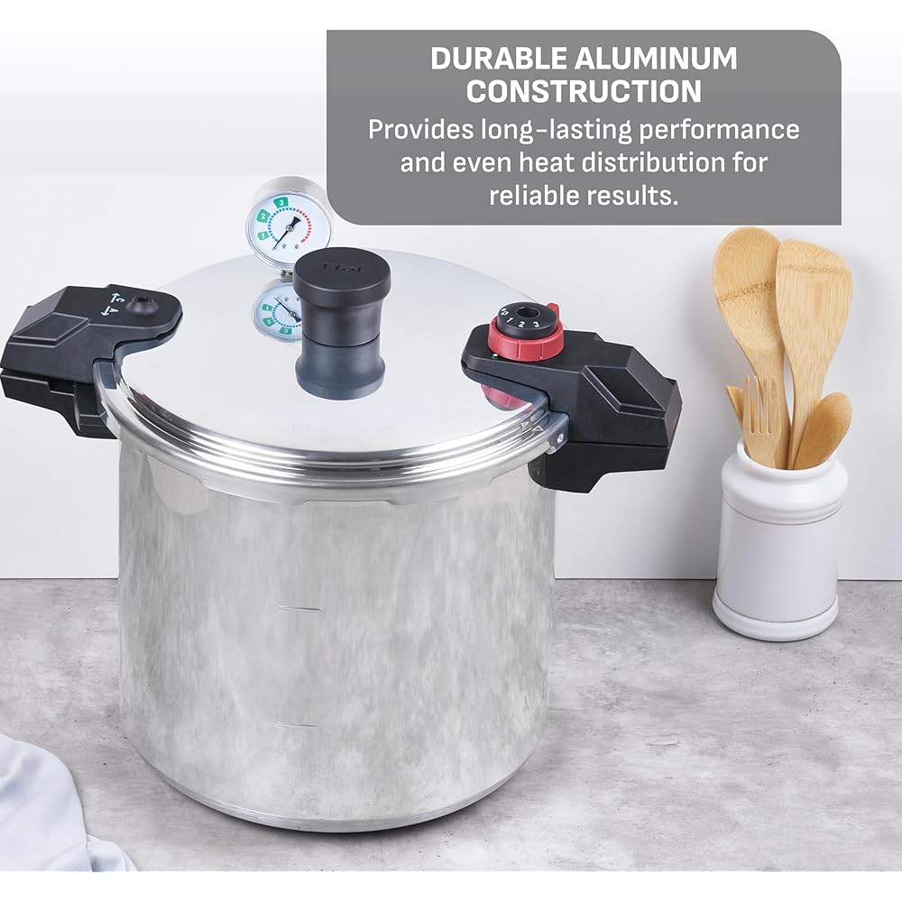 T-fal Pressure Cooker Aluminum Pressure Canner, 22 Quart, 3 PSI Settings, Cookware, Pots and Pans, Large Capacity, Cooling Racks, Recipe Booket, Canning Vegetables, Meats, Poultry, Seafood, Silver