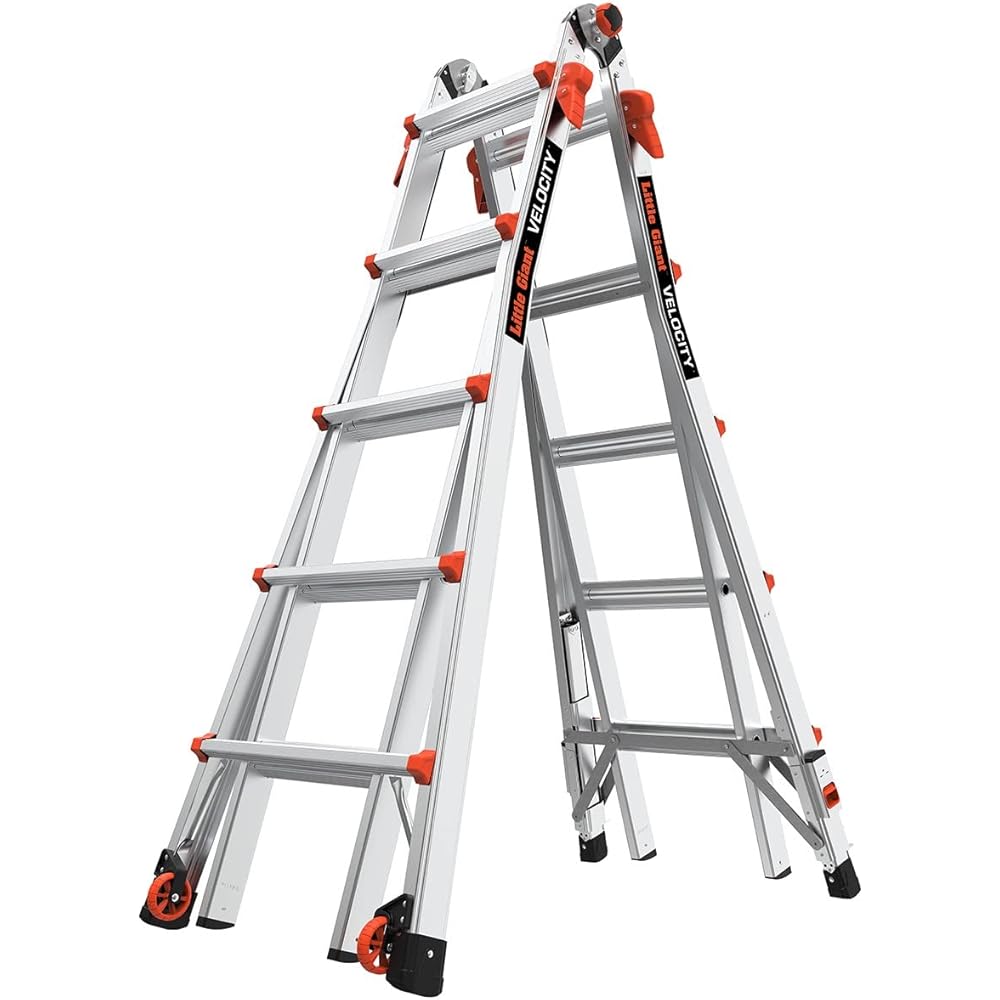 Little Giant Ladders Velocity, 22-Ft Folding Multi-Position Ladder, Aluminum, 300 lb Load Capacity, Type 1A Extra Heavy Duty, 22-Ft Reach, with Ratchet Levelers and Wheels (15422-801)