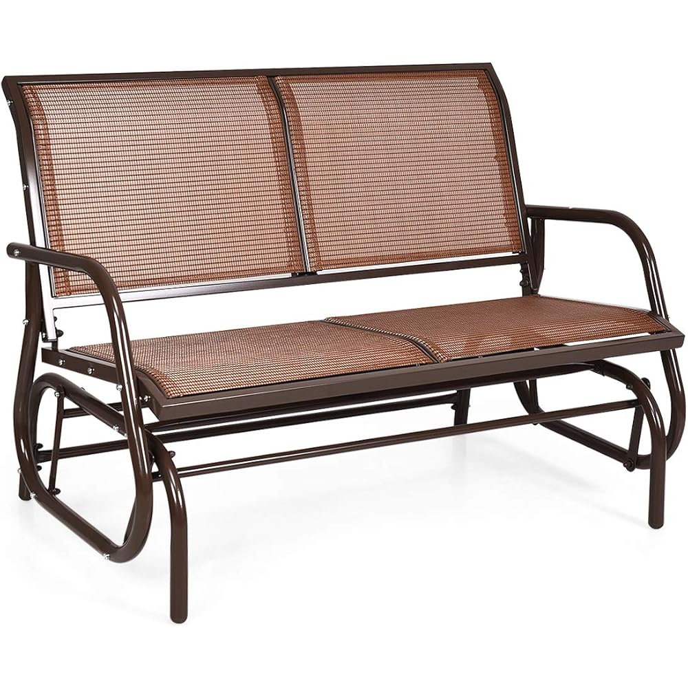 Giantex Swing Glider Chair 48 Inch with Spacious Space, 2 People Lounge Cozy Patio Bench Outdoor &amp; Indoor for Patio, Backyard, Poolside, Lawn Steel Rocking Garden Loveseat (Brown)