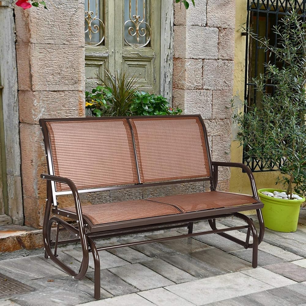 Giantex Swing Glider Chair 48 Inch with Spacious Space, 2 People Lounge Cozy Patio Bench Outdoor &amp; Indoor for Patio, Backyard, Poolside, Lawn Steel Rocking Garden Loveseat (Brown)