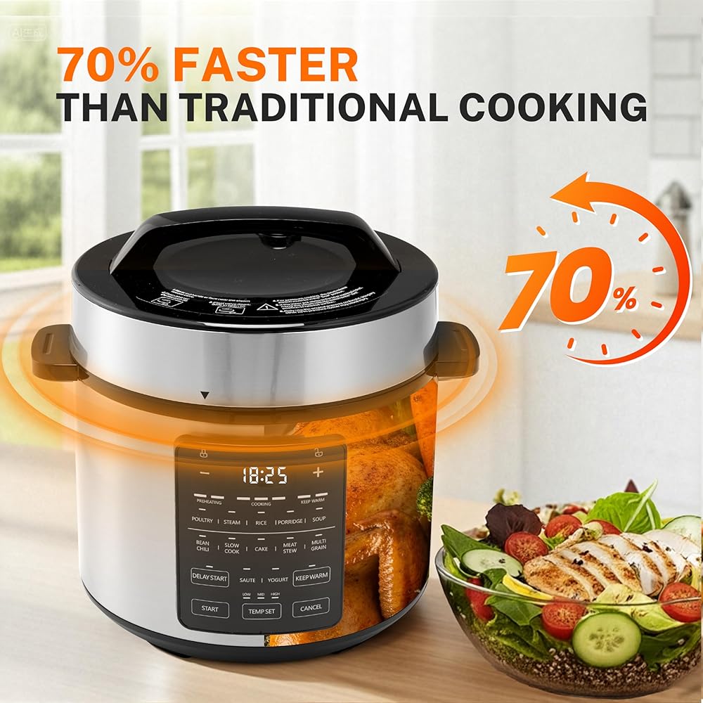 Simple Deluxe 12-in-1 Electric Pressure Cooker, 6QT Stainless Steel &amp; Non-Stick Multi Cooker for Slow Cook, Meat Stew, Cake, Porridge, Multigrain, Dishwasher Safe, Silver