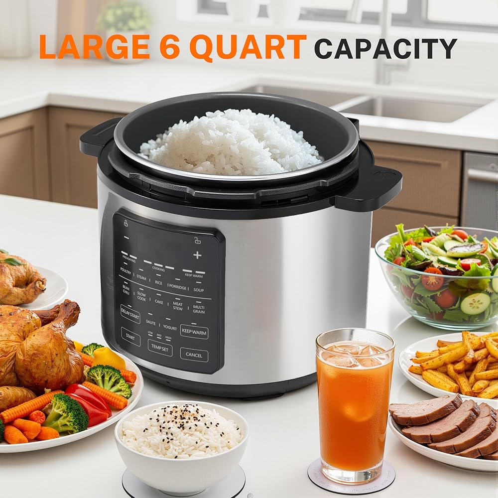 Simple Deluxe 12-in-1 Electric Pressure Cooker, 6QT Stainless Steel &amp; Non-Stick Multi Cooker for Slow Cook, Meat Stew, Cake, Porridge, Multigrain, Dishwasher Safe, Silver