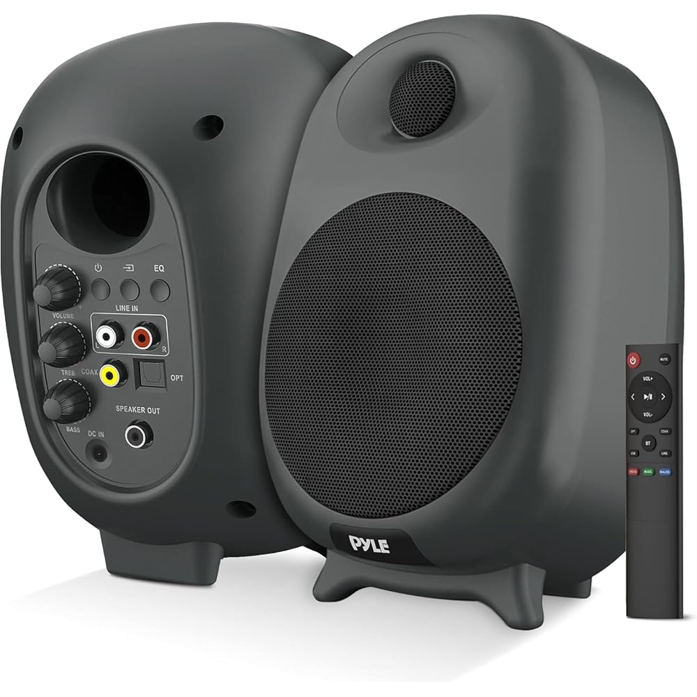 PyleUsa HiFi 60W Powered Bluetooth Bookshelf Monitor Speaker Set, Optical RCA Input, Bass/Treble Adjustable,Deep Bass, 3 Audio Mode,Studio Computer Desk Stereo System,Remote Control,Black PBKSR40