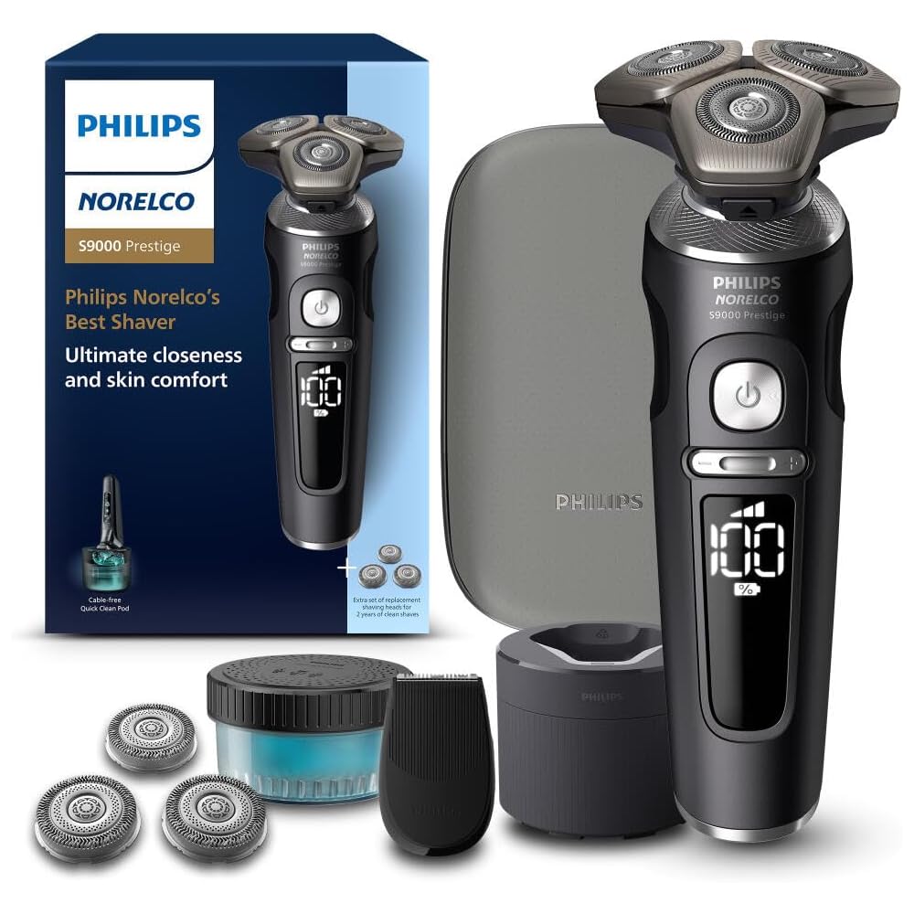 Philips Norelco Shaver Series 9000 Prestige, Wet and Dry Electric Shaver, Lift &amp; Cut Shaving System, SenseIQ Technology, Precision Trimmer, Cleaning Pod, Premium Pouch, Black Matte, Model SP9840/90