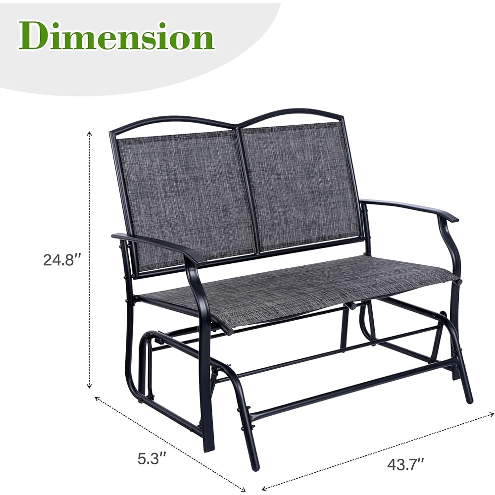 Backyard Expressions 2-Person Outdoor Glider Bench, Patio Double Swing Rocking Chair Loveseat w/Powder Coated Steel Frame for Backyard Garden Porch, Black Frame Heathered Grey Sling Fabric