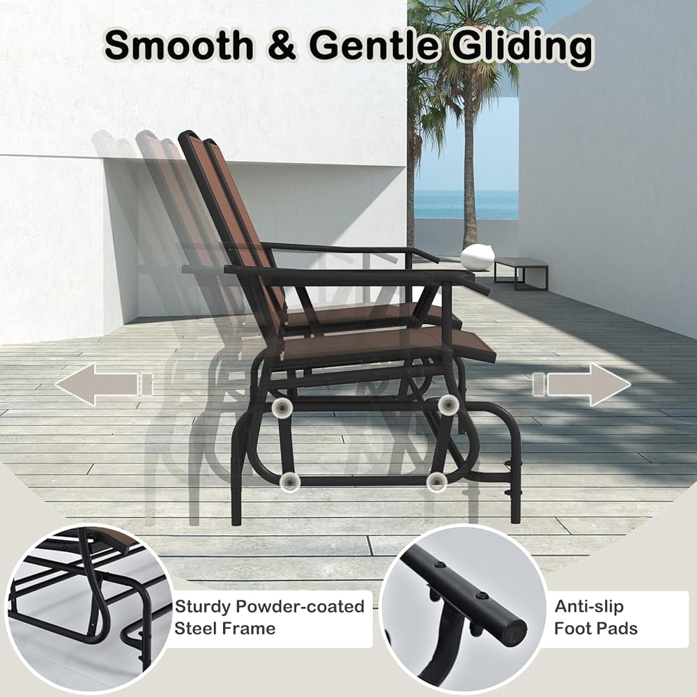 Tangkula 2 Person Swing Glider Chair, Patio Rocking Loveseat w/Center Tempered Glass Table, Outdoor Swing Bench w/Steel Frame &amp; Breathable Mesh Fabric for Porch, Balcony, Poolside (Brown)
