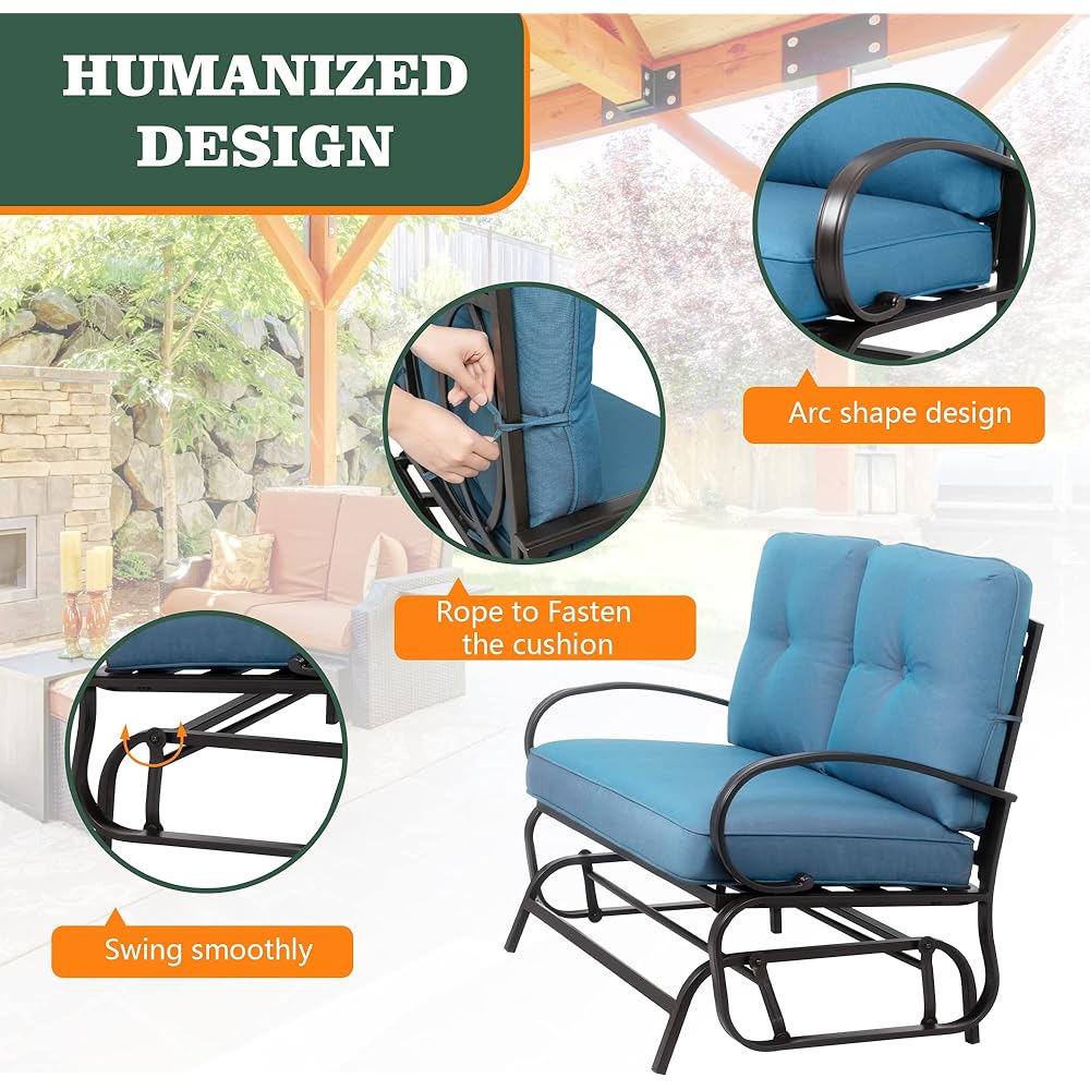 Shintenchi Metal Outdoor Patio Swing Glider Bench, Loveseat Rocking Chair, Wrought Iron Patio Furniture Steel Frame Glider Chair with Cushion for Porch, Balcony, Garden(Blue)