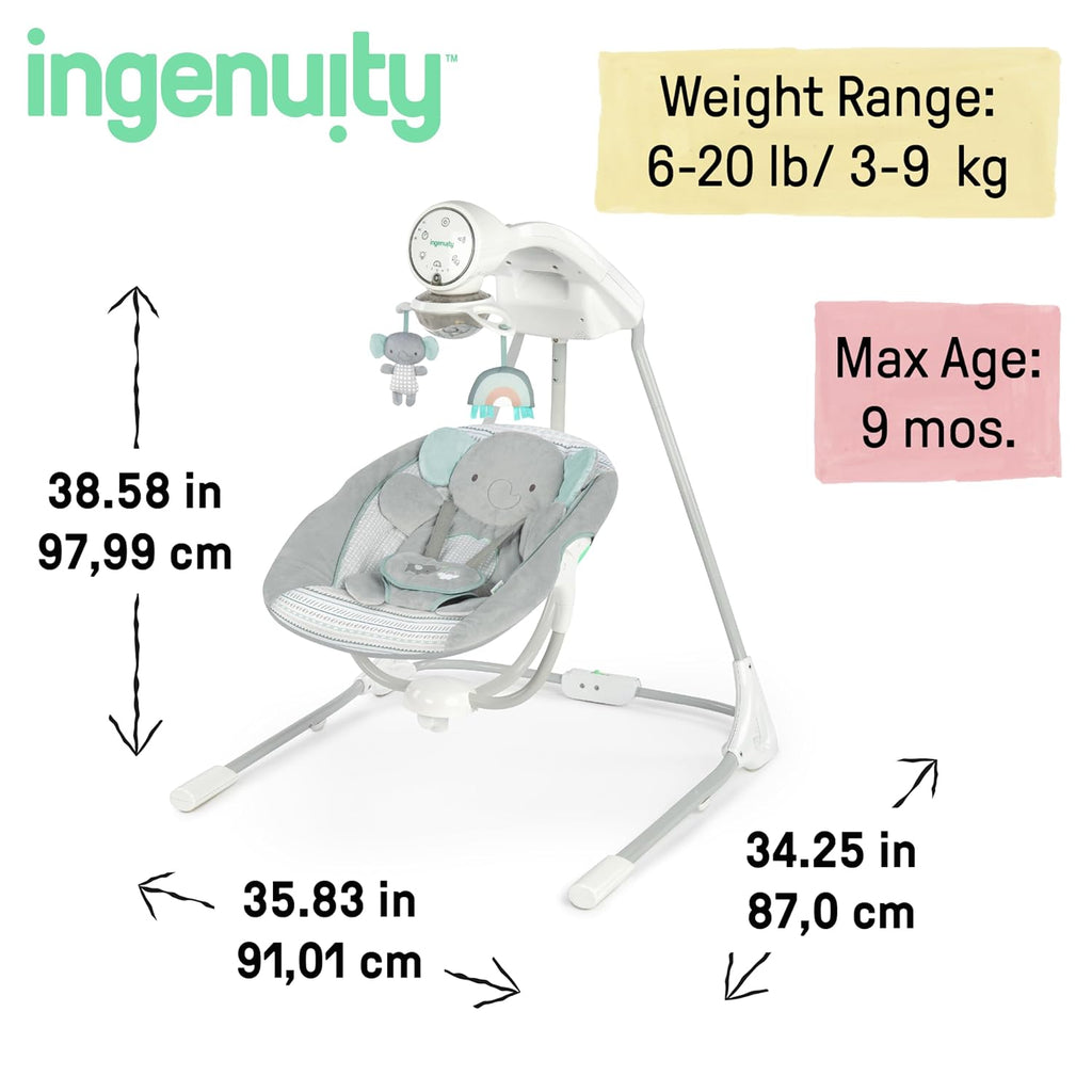 Ingenuity InLighten 5-Speed Baby Swing Swivel Infant Seat, 5 Point Safety Harness, Nature Sounds, Lights Van Elephant