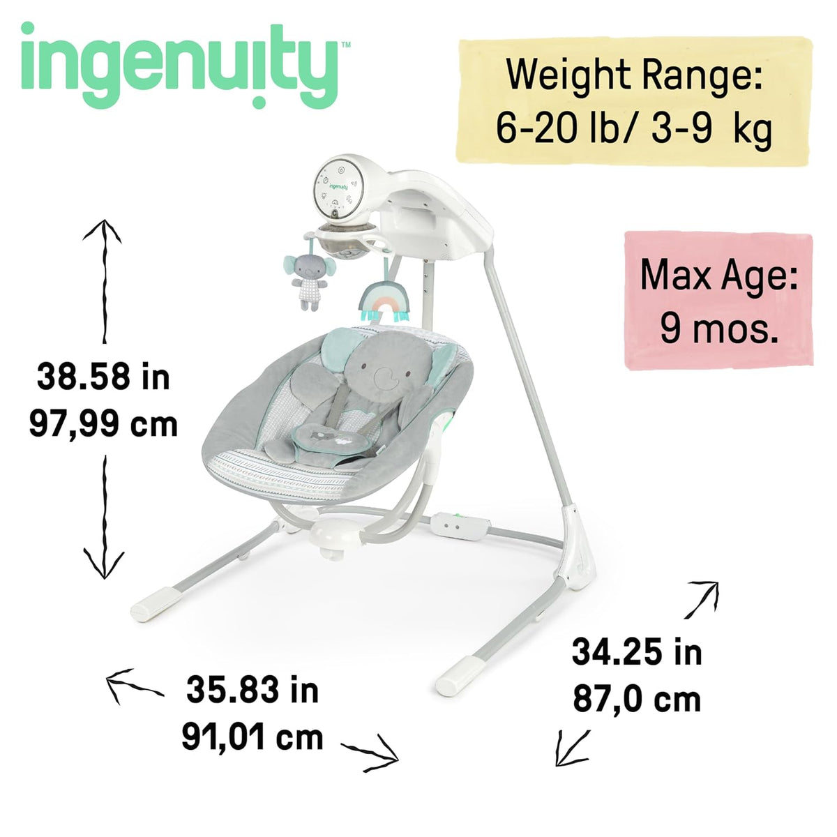 Ingenuity InLighten 5-Speed Baby Swing Swivel Infant Seat, 5 Point Safety Harness, Nature Sounds, Lights Van Elephant