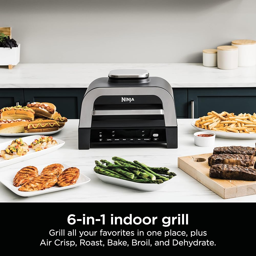 Ninja DG551 Foodi Smart XL 6-in-1 Indoor Grill with Air Fry, Roast, Bake, Broil, &amp; Dehydrate, Foodi Smart Thermometer, 2nd Generation, Black/Silver