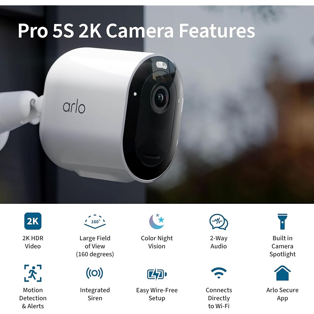 Arlo Pro 5S Spotlight Security Camera 2K HDR | Outdoor | Wireless | Dual-Band Wi-Fi Connects to Strongest Network |12X Zoom, 2-Way Audio, Siren, Color Night Vision,Live Stream(White, 4 Cameras)