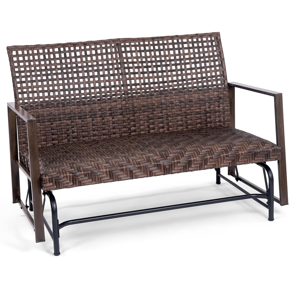 Wicker 2 Person Patio Glider with Double Weaved Wicker Seat, Powder Coated Metal Frame, 50" W x 25.5" D x 35.5" H, 400 Lb Weight Capacity