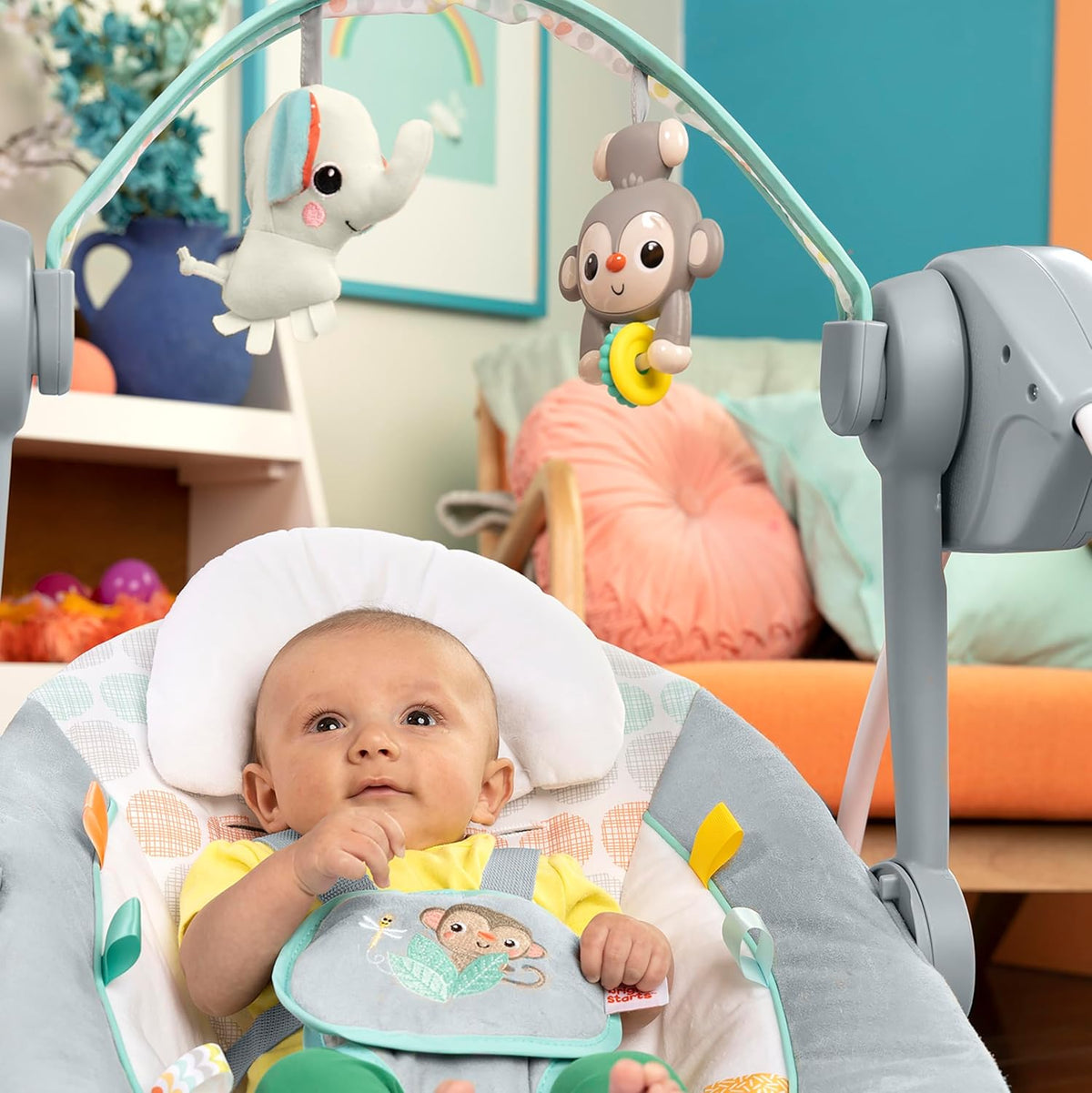 Bright Starts Portable Automatic 6-Speed Baby Swing with Adaptable Speed, Taggies, Music, Removable-Toy-Bar, 0-9 Months 6-20 lbs (Whimsical Wild)