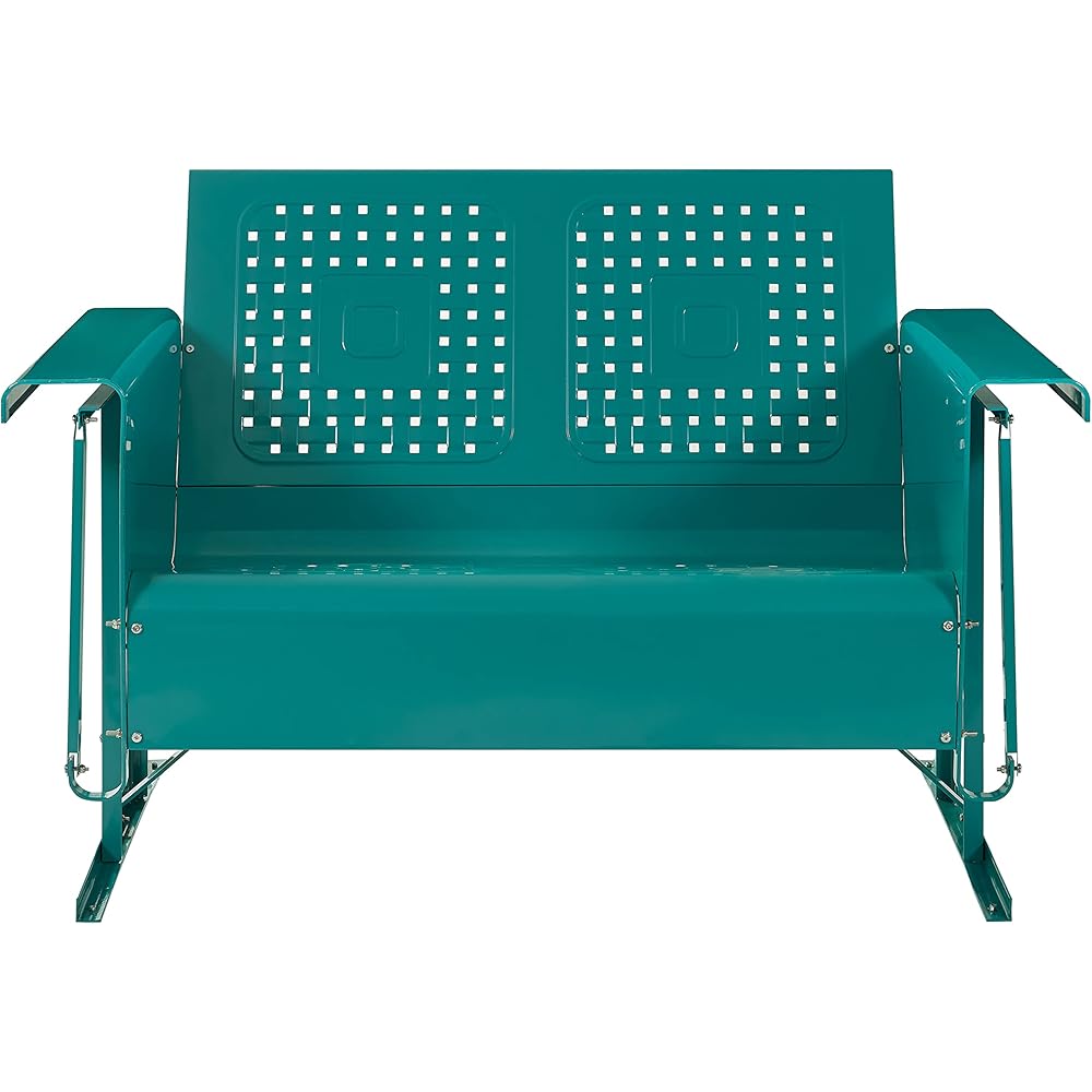 Crosley Furniture Bates Retro Metal Outdoor Loveseat Glider, 2-Person Rocking Patio Bench for Porch, Deck, Turquoise Gloss