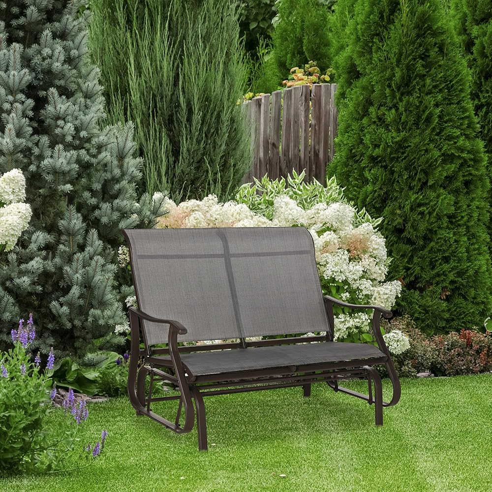 Outsunny 2-Person Outdoor Glider Bench，Patio Glider Loveseat Chair with Powder Coated Steel Frame，2 Seats Porch Rocking Glider for Backyard, Lawn, Garden and Porch, Mixed Gray