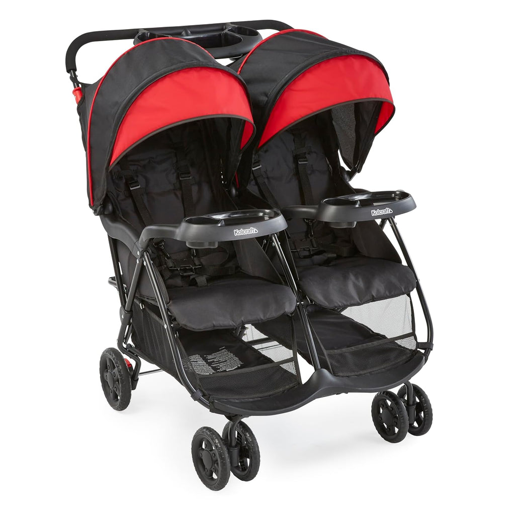 Kolcraft Cloud Plus Double Stroller Side by Side for Baby and Toddler, Compact and Travel Friendly, Reclining Seats, Child &amp; Parent Trays, Large Storage, Extendable Canopies, Collapsible Red/Black