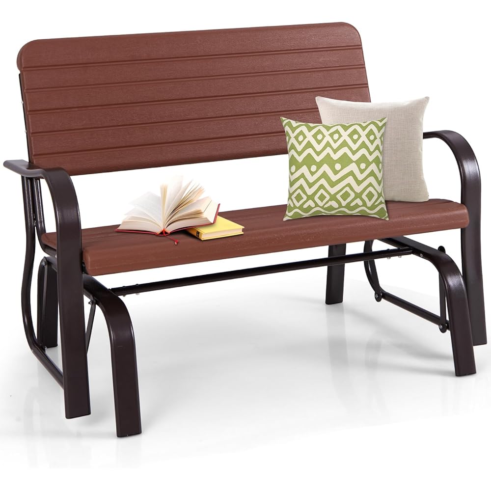 Tangkula Outdoor Glider Bench, Porch Glider Loveseat Swing Bench with w/Steel Frame, 2-Seat Rocking Chair for Porch, Garden, Backyard, Lawn (Coffee)