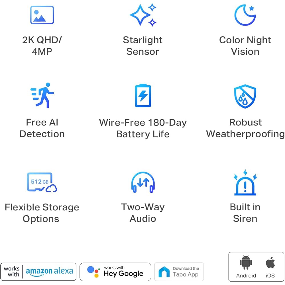 Tapo TP-Link 2K QHD Outdoor Wireless Security Camera System, Up to 180D Battery, Color Night Vision w/Starlight Sensor, Motion/Person/Pet/Vehicle Detection, Works w/Alexa &amp;Google Home, C420S2