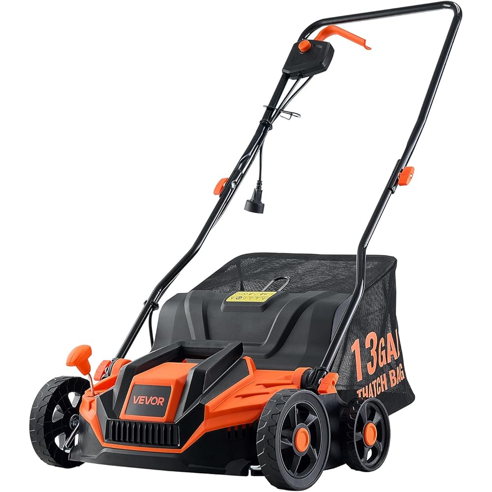 VEVOR 2-in-1 Electric Dethatcher and Scarifier, 13-Inch 13 Amp, Corded Lawn Dethatcher with 13-Gallon Thatch Collection Bag, 5-Position Depth Adjustment, Walk Behind Machine for Garden Yard Grass