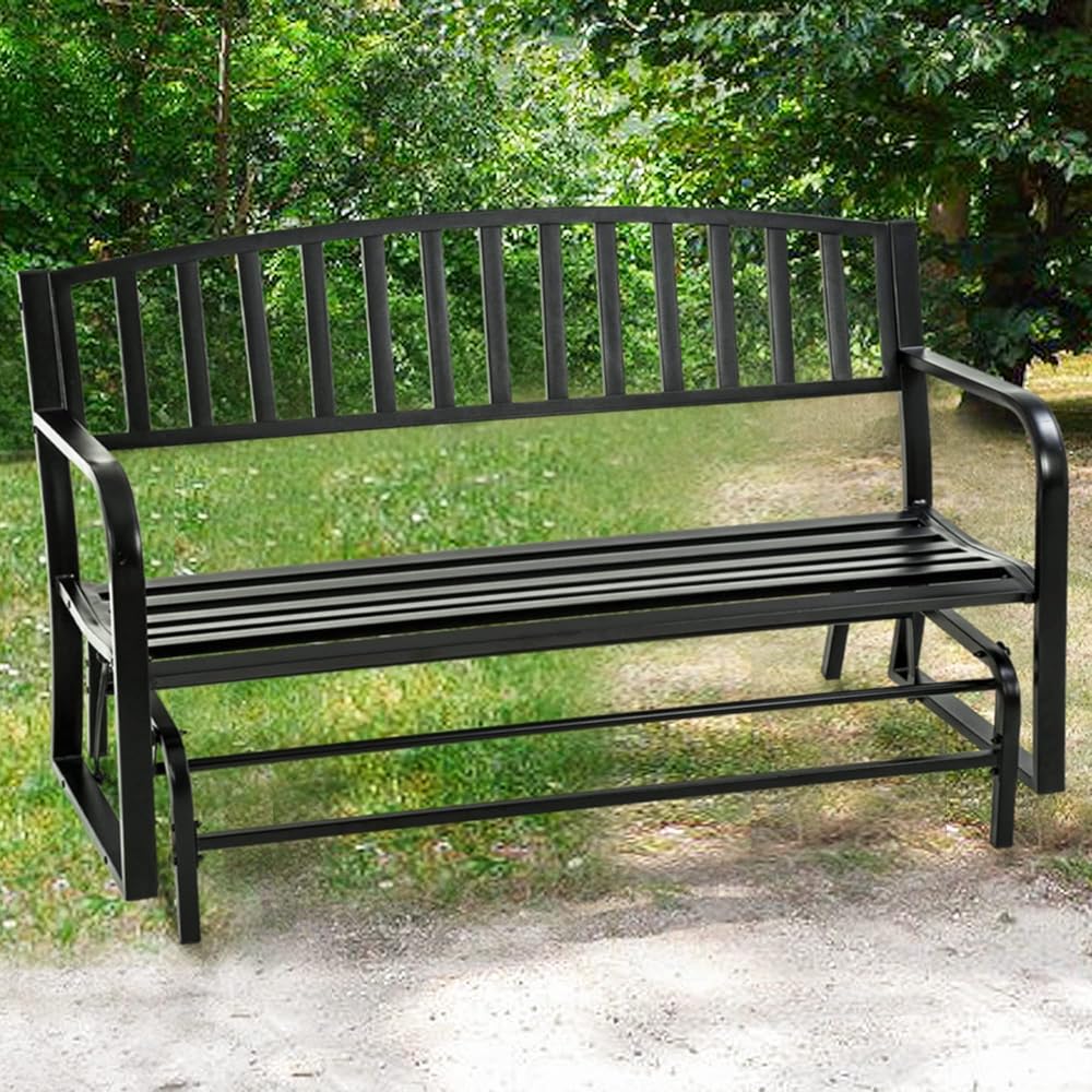 Metal Outdoor Glider Bench Waterproof Patio Glider Bench Porch Glider Swing Rocking Chair Glider with Powder Coated Frame for Garden Porch Balcony Backyard Lawn